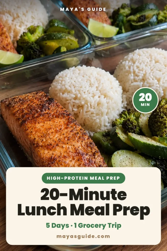 20-minute high protein lunch meal prep with salmon, rice, and roasted broccoli in a glass container