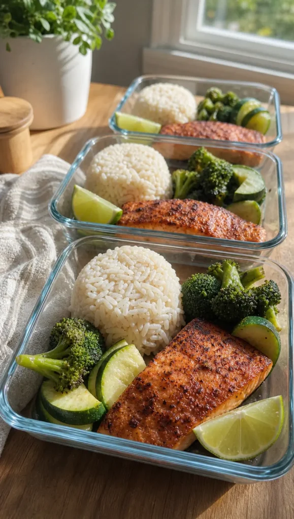 20-minute high protein lunch meal prep with salmon, rice, and roasted broccoli in a glass container