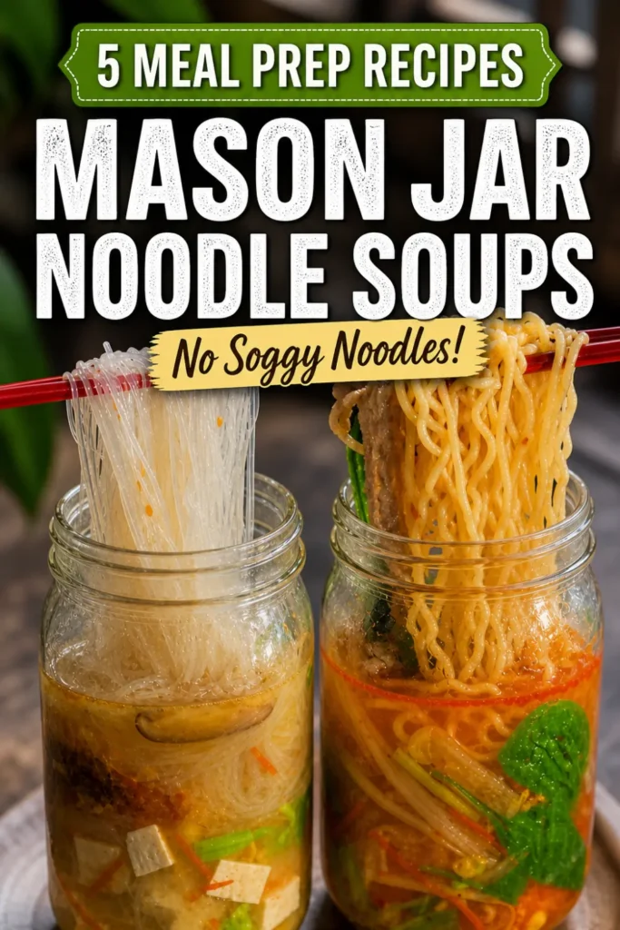 Pinterest pin for mason jar noodle soup meal prep, easy make-ahead lunch ideas