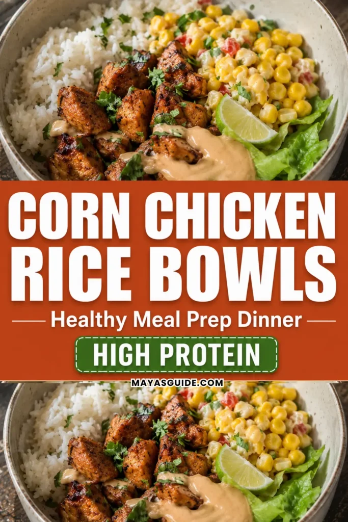 High protein corn chicken rice bowls meal prep with seasoned chicken, rice, and street corn