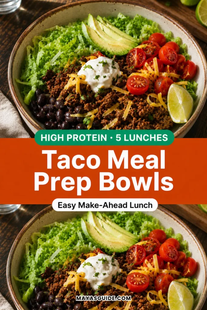 Pinterest pin for high protein taco meal prep bowls, easy make-ahead lunch