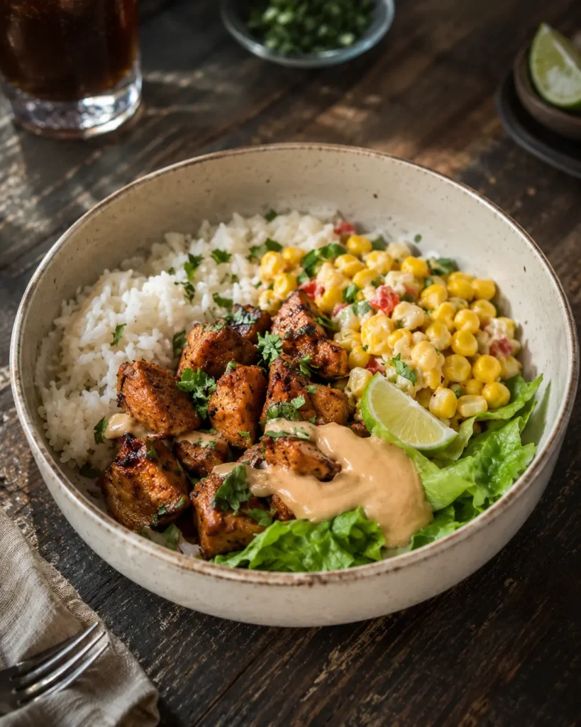 High protein corn chicken rice bowls meal prep with seasoned chicken, rice, and street corn