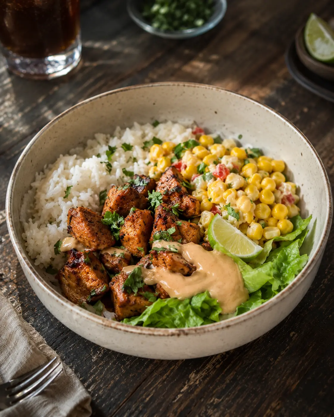 High protein corn chicken rice bowls meal prep with seasoned chicken, rice, and street corn