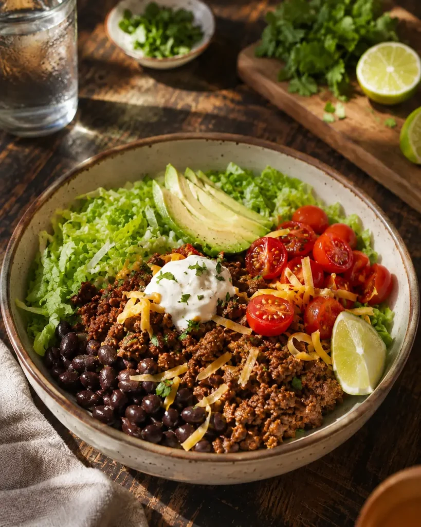 High protein taco meal prep bowls with ground beef, black beans, cheddar, lettuce, and pico de gallo