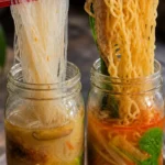 Mason jar noodle soup meal prep jars with vegetables and broth for easy work lunches