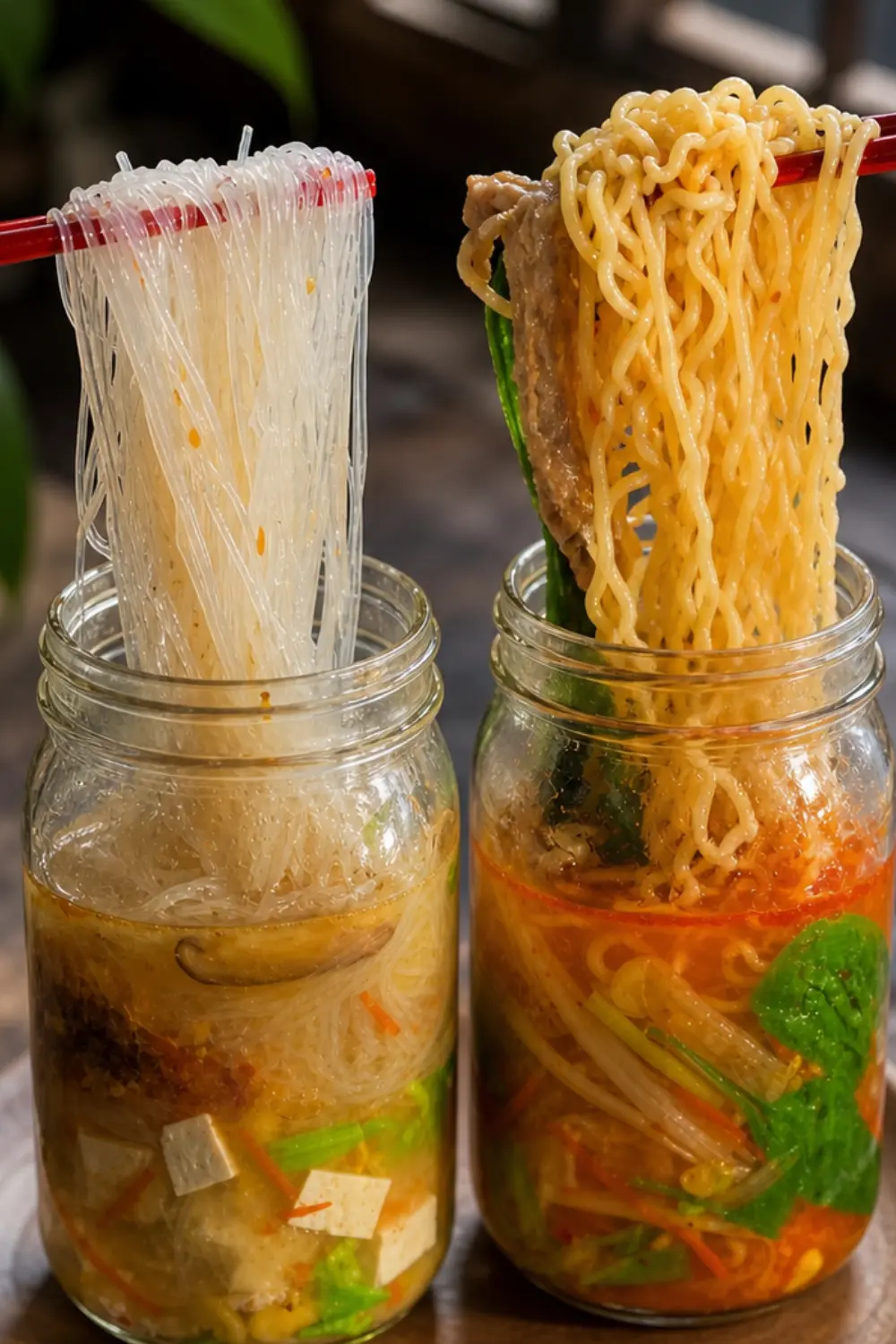 Mason jar noodle soup meal prep jars with vegetables and broth for easy work lunches