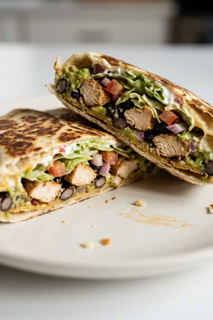 Close-up of a chicken crunch wrap with seasoned chicken, black beans, lettuce, avocado, tomato, and cheese