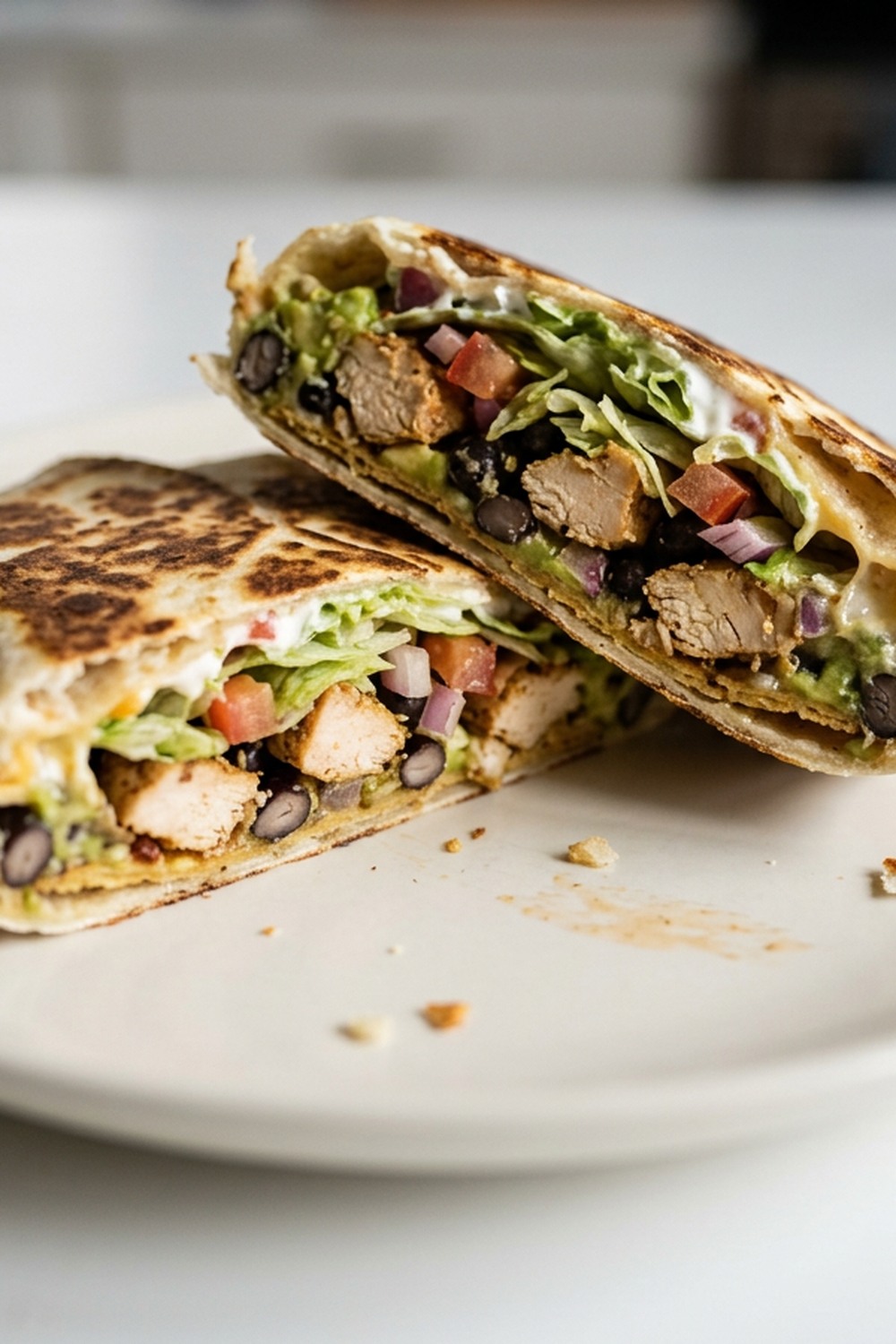 Close-up of a chicken crunch wrap with seasoned chicken, black beans, lettuce, avocado, tomato, and cheese