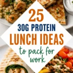 Collage of 30g protein lunch ideas: meatball bowl, quesadilla, chicken wrap, and taco salad