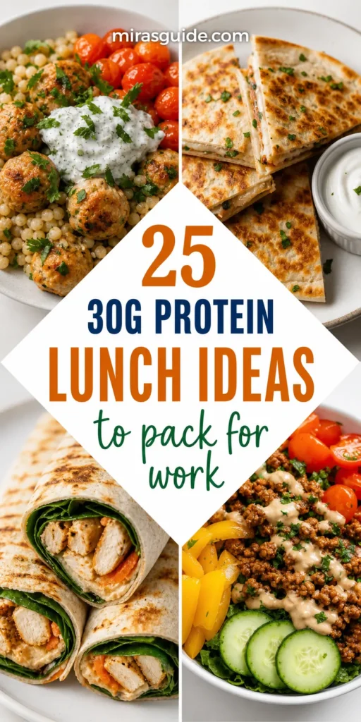 Collage of 30g protein lunch ideas: meatball bowl, quesadilla, chicken wrap, and taco salad
