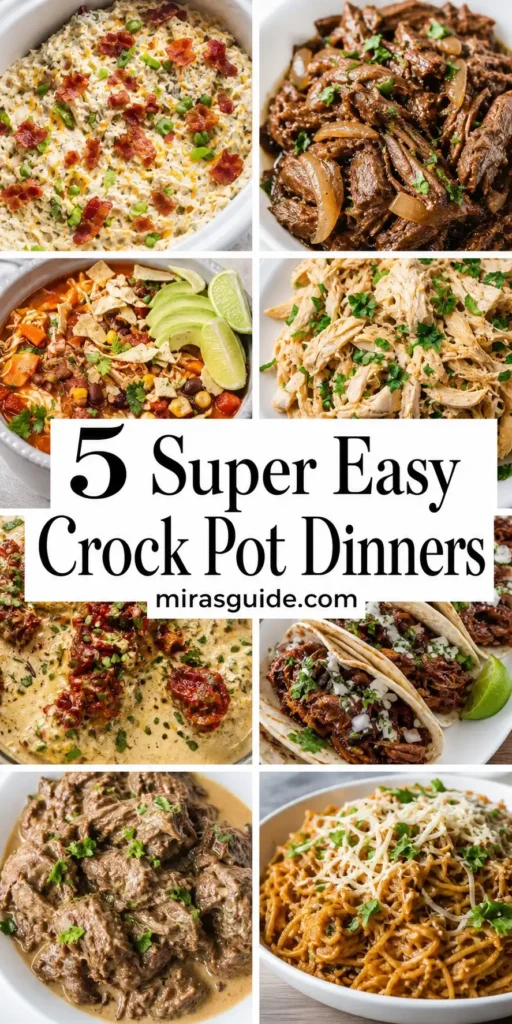 Five super easy crock pot dinner photos in a collage
