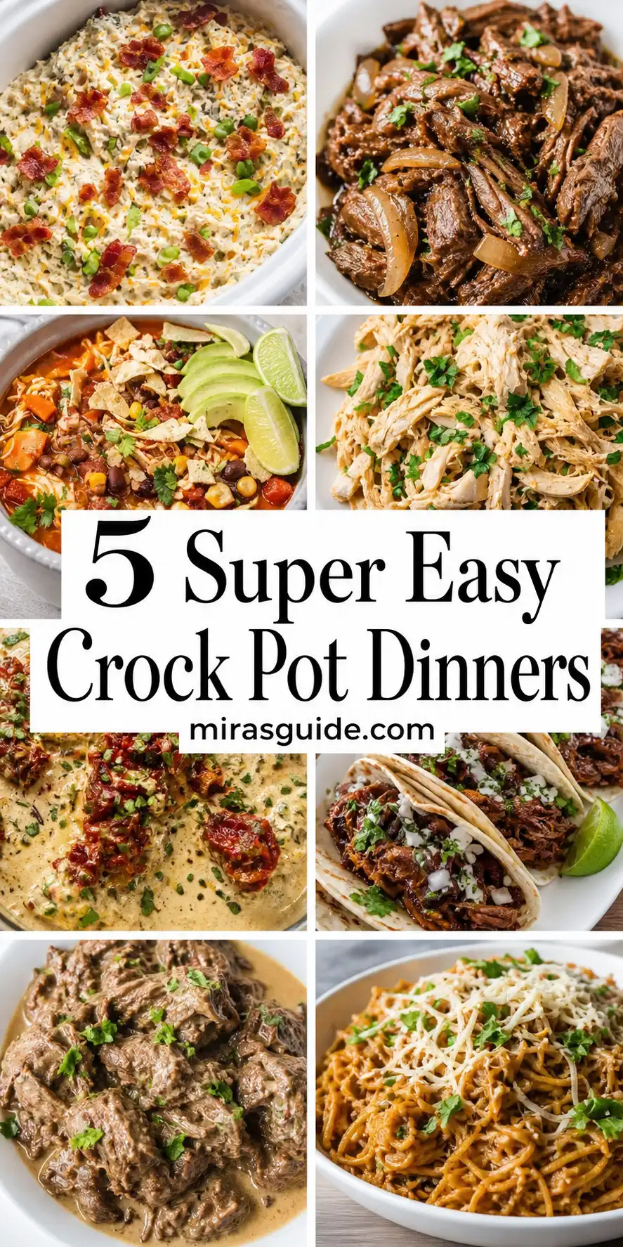 Five super easy crock pot dinner photos in a collage