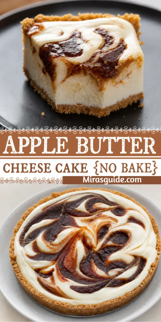 No-bake apple butter cheesecake with a swirled spiced top in a springform pan