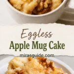 Eggless apple mug cake in a mug and served on a plate with walnuts