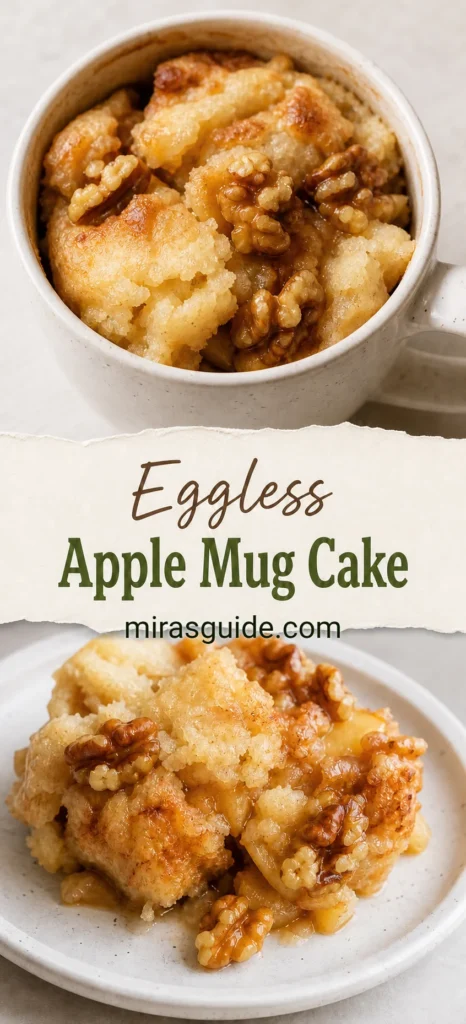 Eggless apple mug cake in a mug and served on a plate with walnuts