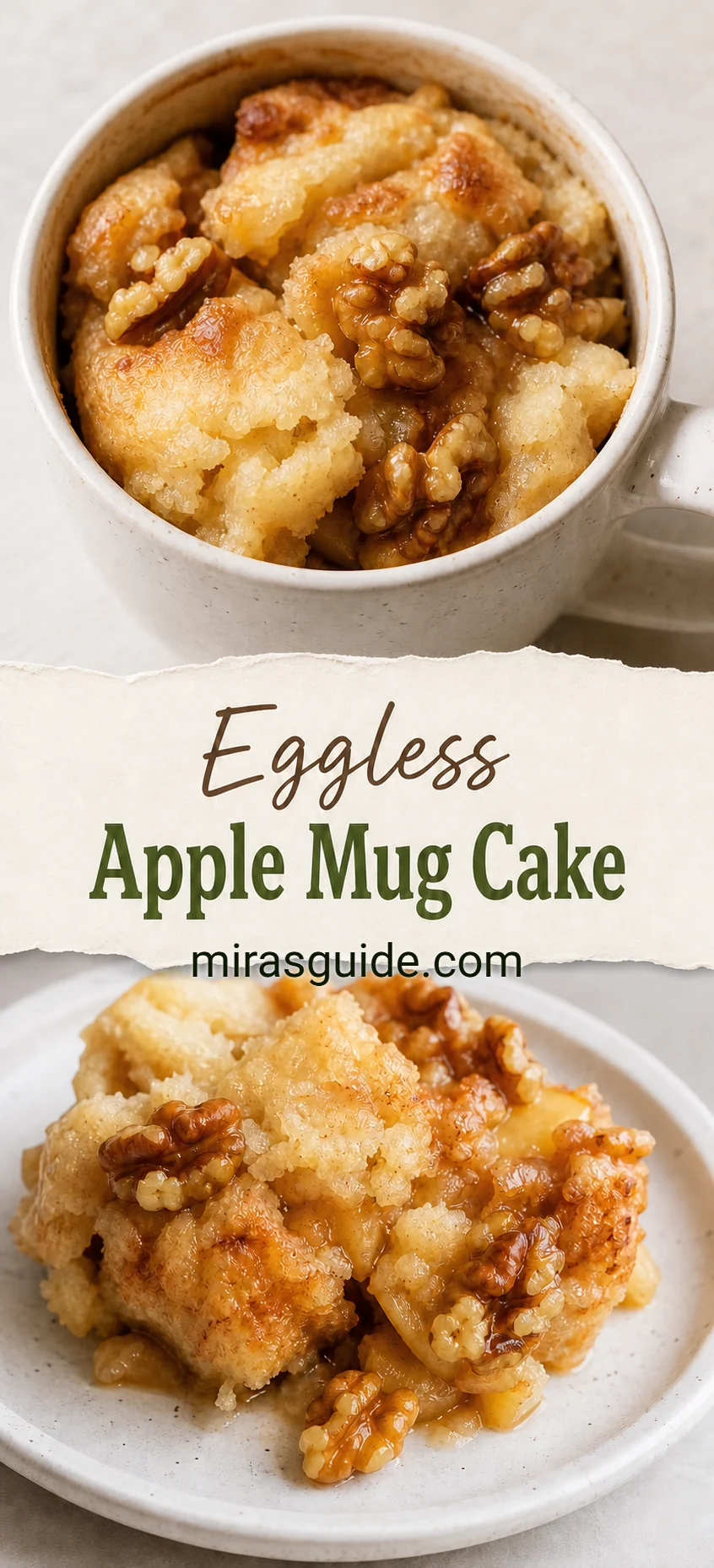 Eggless apple mug cake in a mug and served on a plate with walnuts