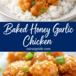 Baked honey garlic chicken cubes over rice with sesame and green onion