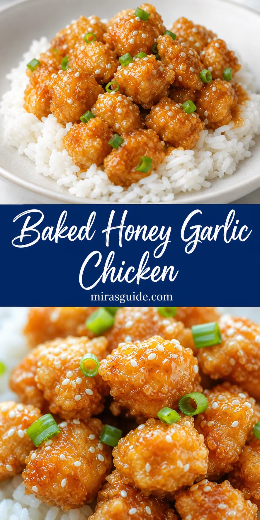 Baked honey garlic chicken cubes over rice with sesame and green onion