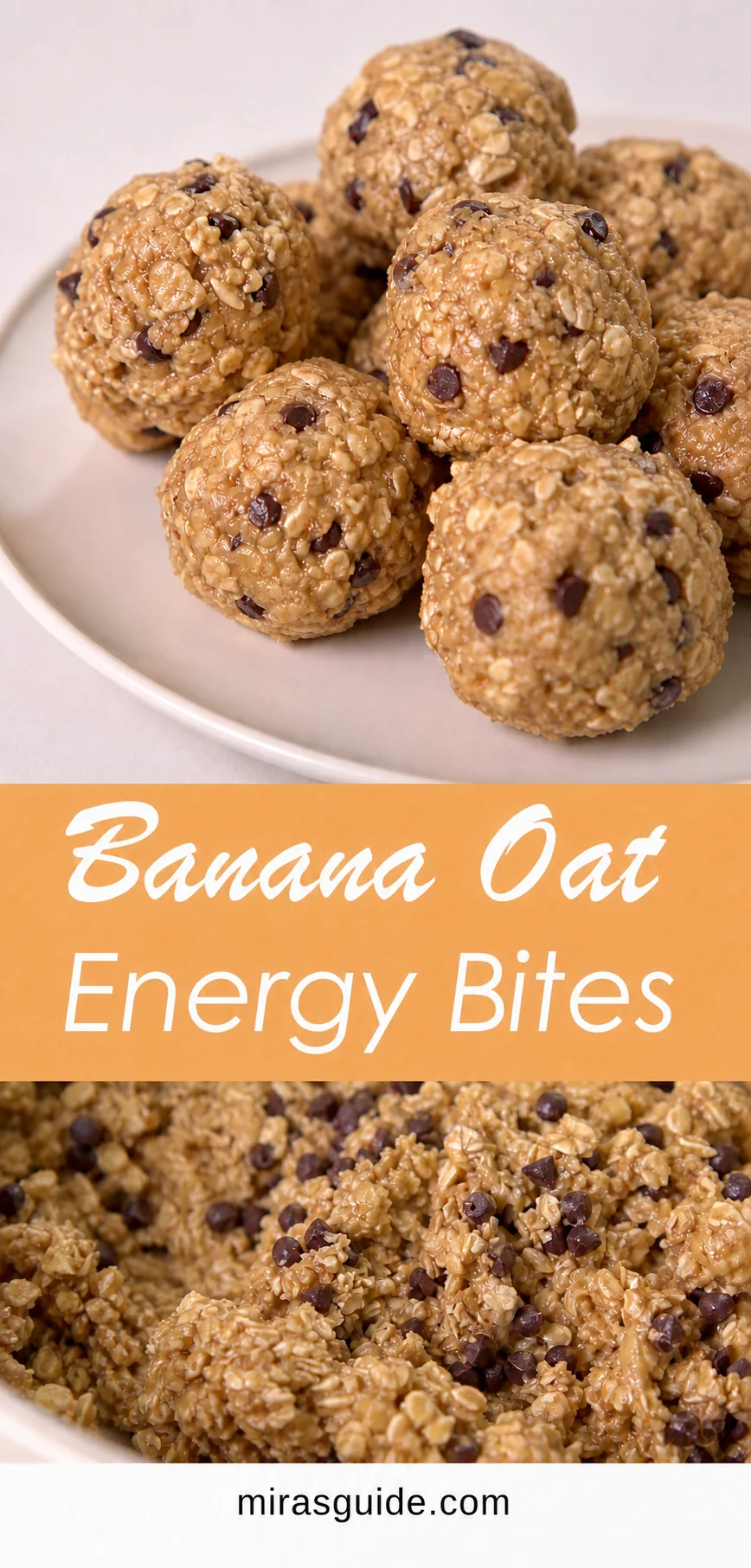 No-bake banana oat energy bites with chocolate chips stacked on a plate
