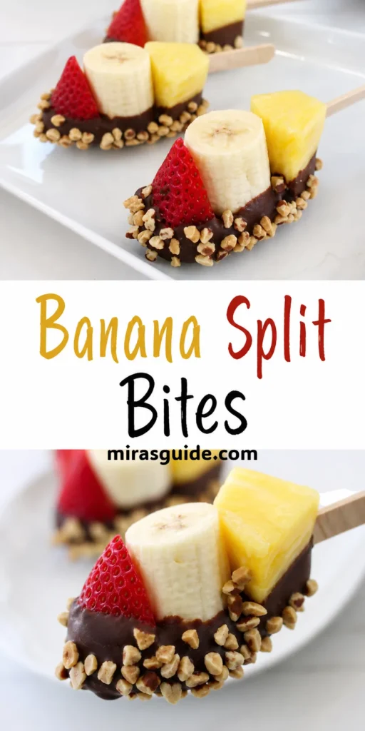 Banana split bites on sticks dipped in chocolate and peanuts