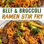 Beef and broccoli ramen stir fry in a bowl with chopsticks