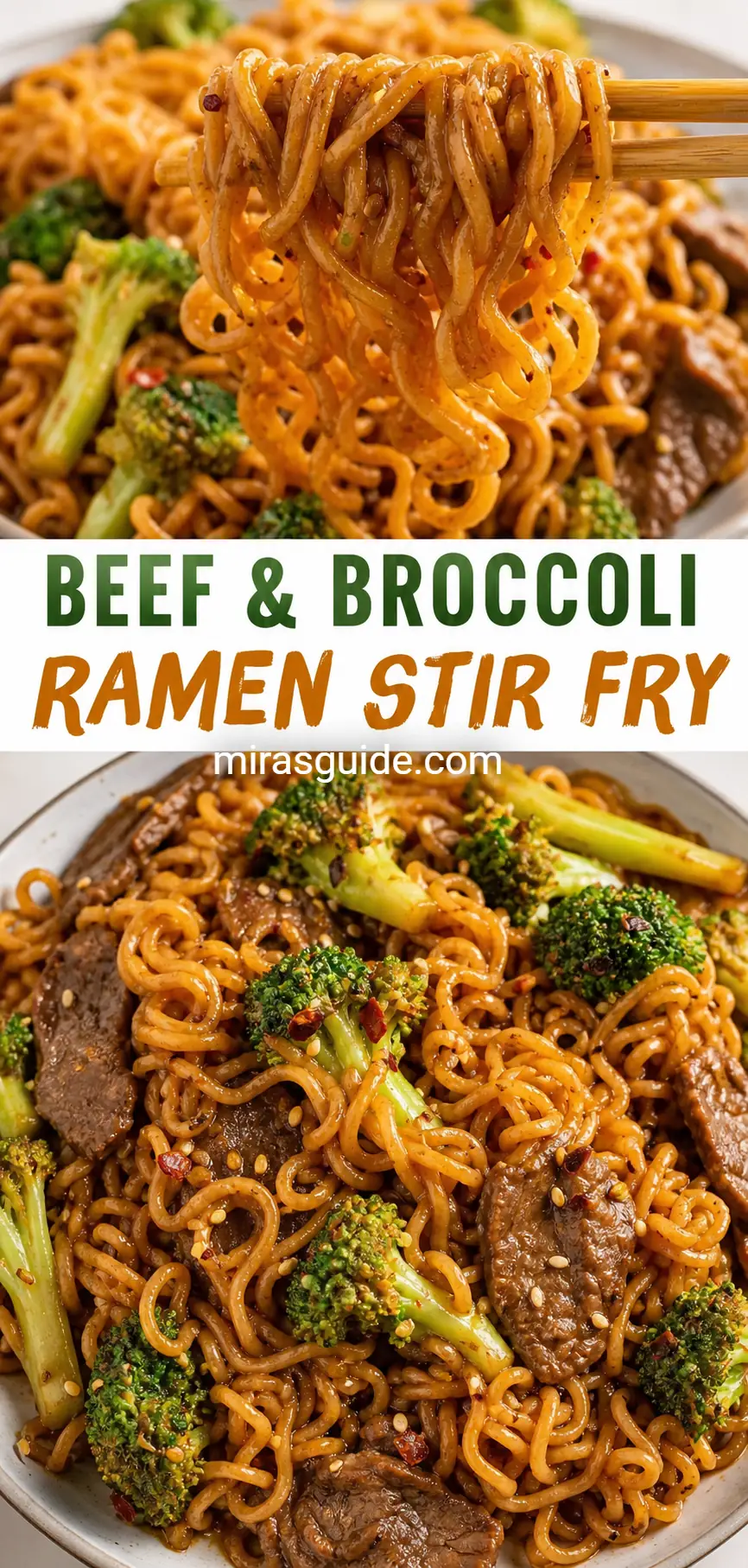 Beef and broccoli ramen stir fry in a bowl with chopsticks