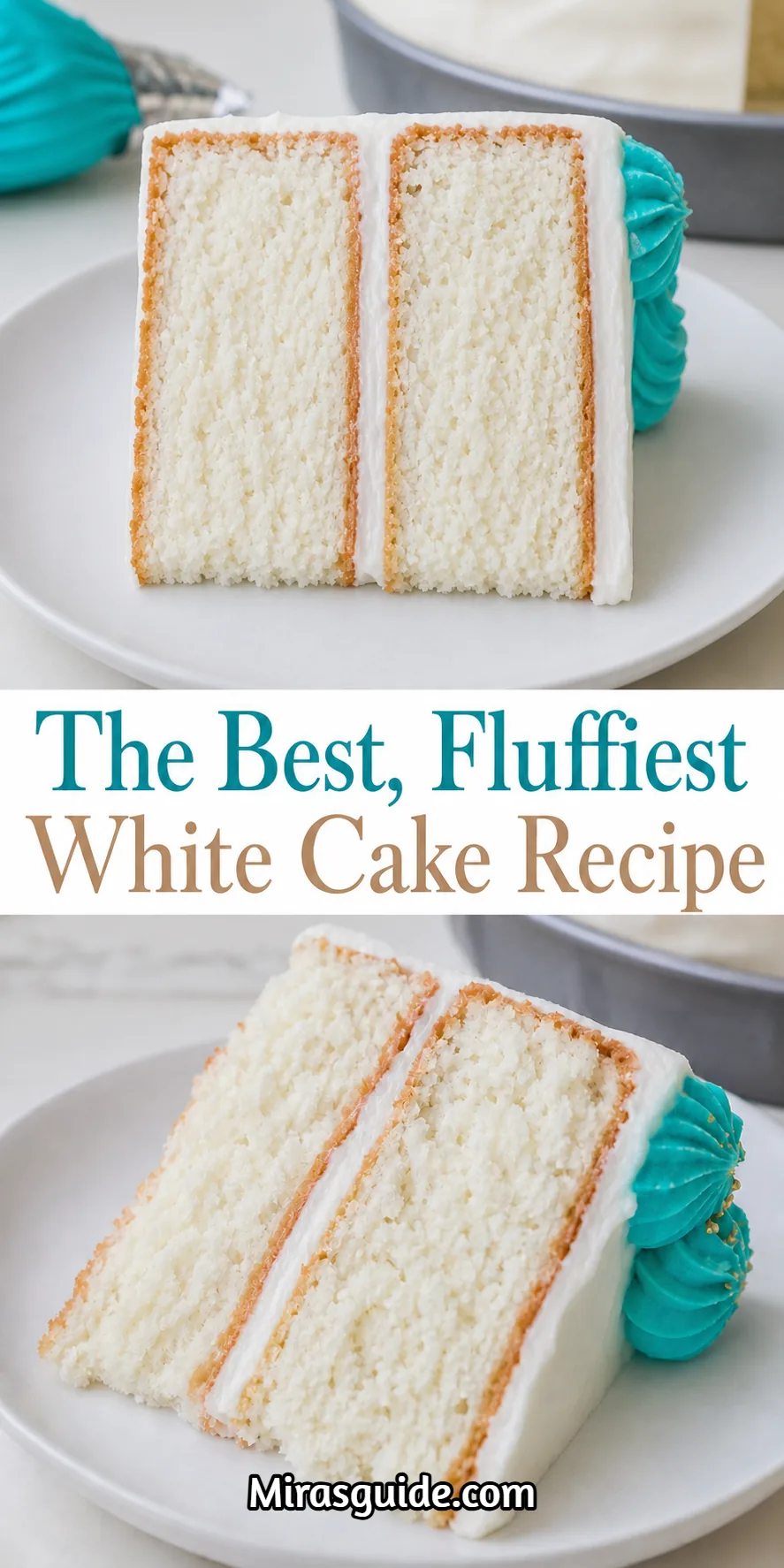 The best fluffy white cake recipe — a tall snow-white layer with fluffy frosting