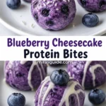 Blueberry cheesecake protein bites topped with fresh blueberries