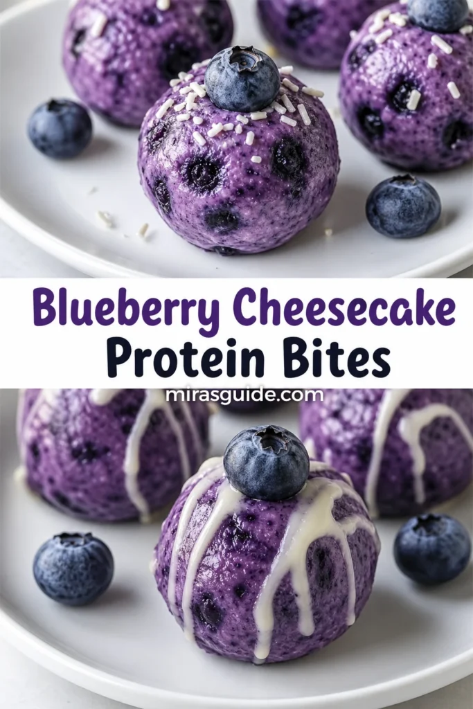Blueberry cheesecake protein bites topped with fresh blueberries