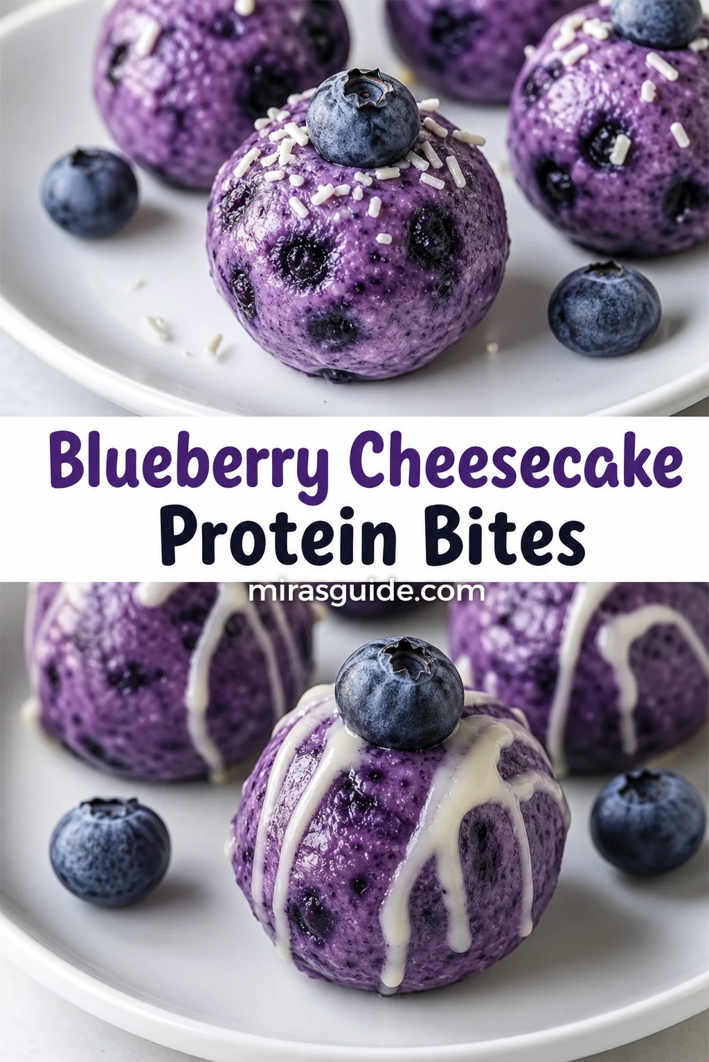 Blueberry cheesecake protein bites topped with fresh blueberries