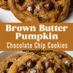 Chewy brown butter pumpkin chocolate chip cookies with melting chips and flaky salt
