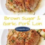 Sliced brown sugar garlic pork loin on a white plate with roasted vegetables