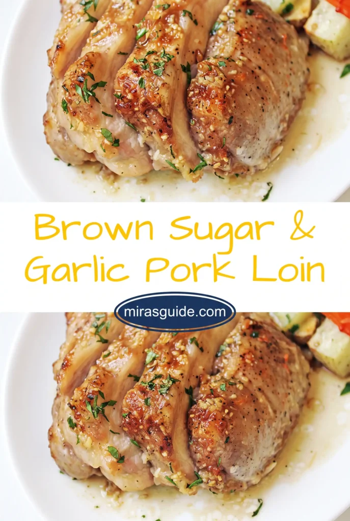 Sliced brown sugar garlic pork loin on a white plate with roasted vegetables