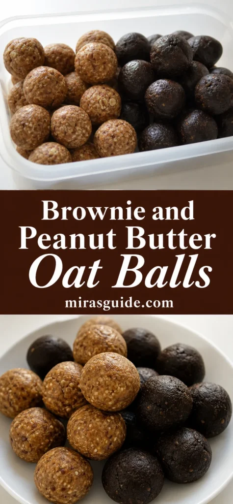 Brownie and peanut butter oat balls in container and on plate