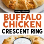 Buffalo chicken crescent ring on a plate with ranch dip in the center