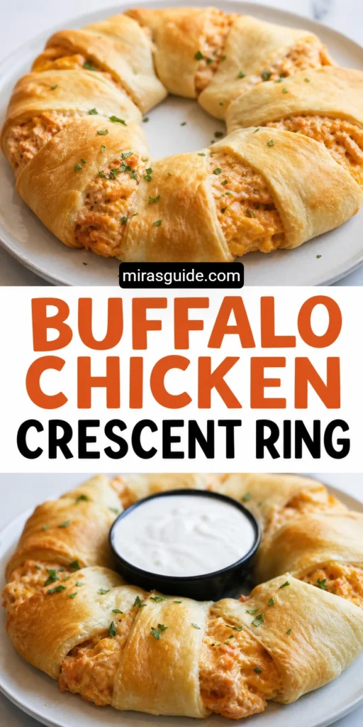 Buffalo chicken crescent ring on a plate with ranch dip in the center
