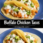 Buffalo chicken tacos with ranch, avocado, and green onion on a blue plate