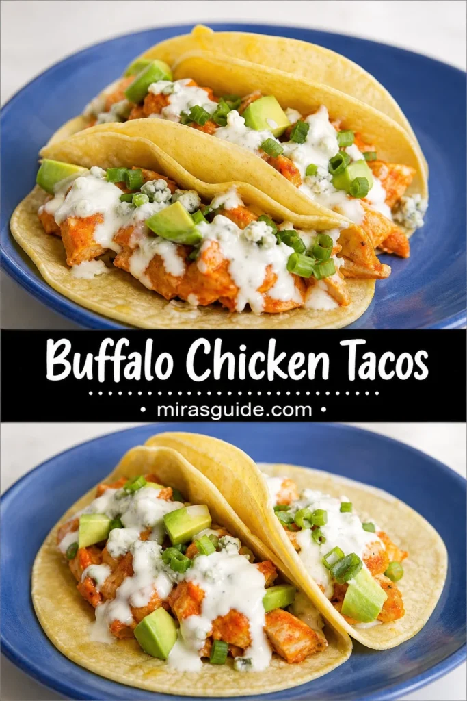 Buffalo chicken tacos with ranch, avocado, and green onion on a blue plate