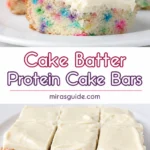 Cake batter protein cake bars with white frosting and sprinkles