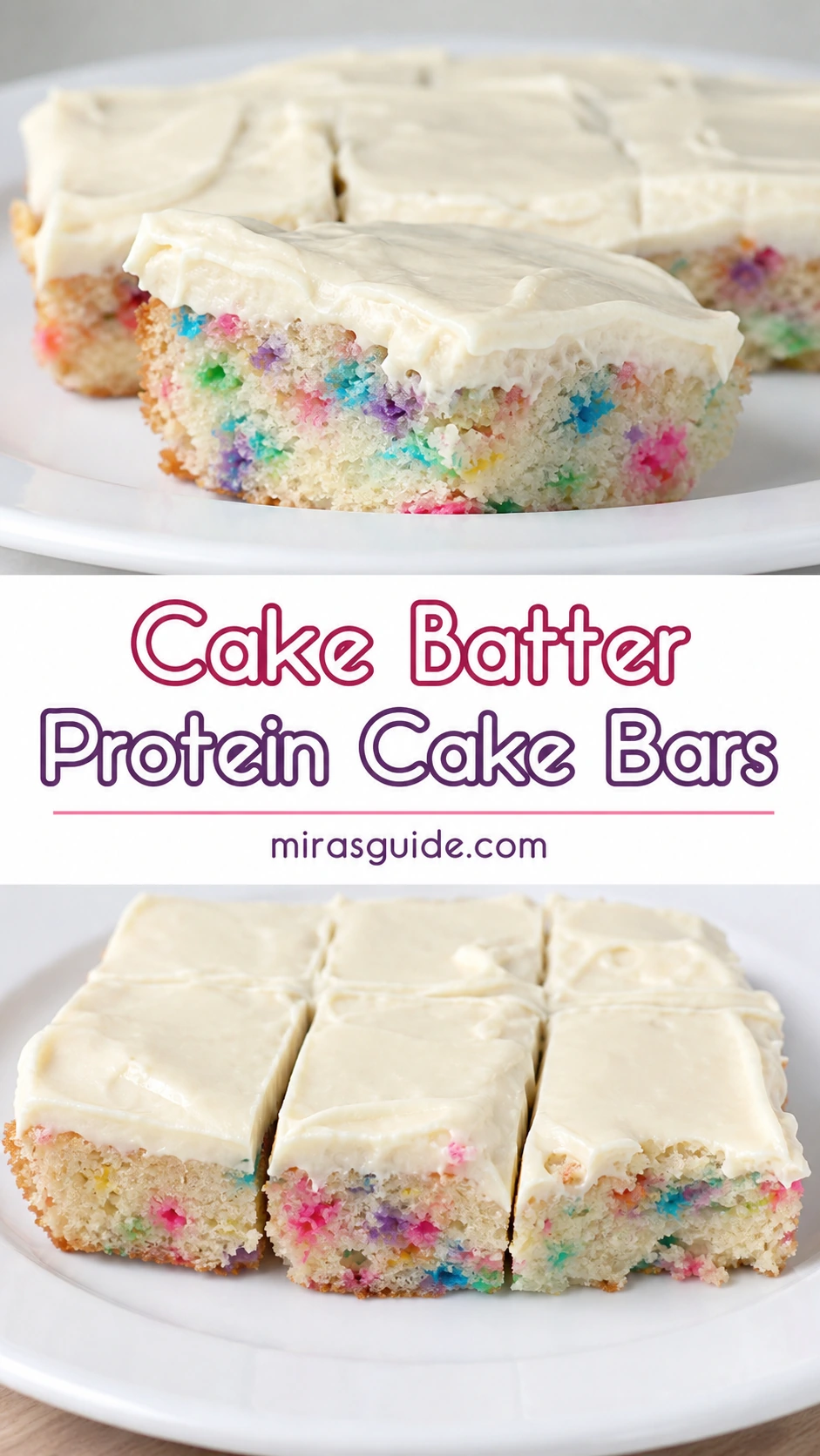 Cake batter protein cake bars with white frosting and sprinkles