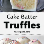No-bake cake batter truffles dipped in white chocolate with rainbow sprinkles
