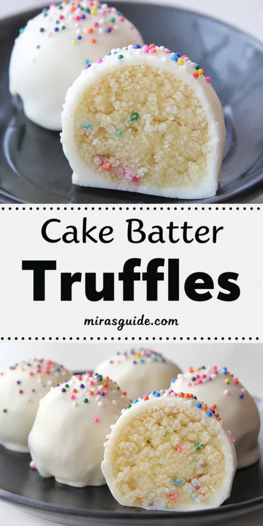 No-bake cake batter truffles dipped in white chocolate with rainbow sprinkles