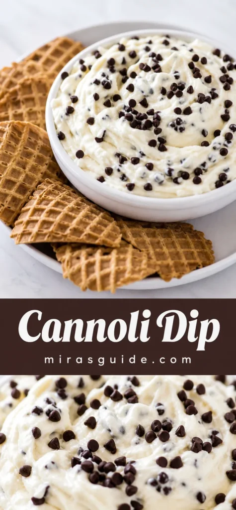 Cannoli dip with mini chocolate chips and waffle cone chips