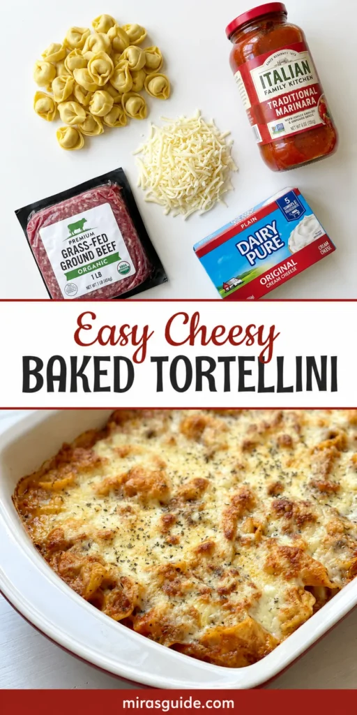 Cheesy baked tortellini casserole with ground beef and marinara
