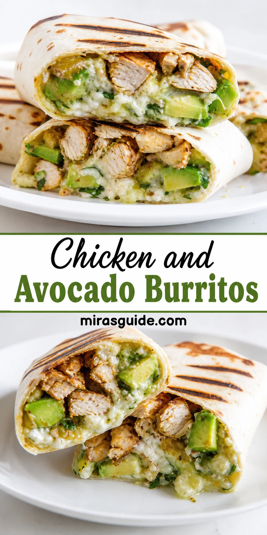 Chicken and avocado burritos grilled and sliced