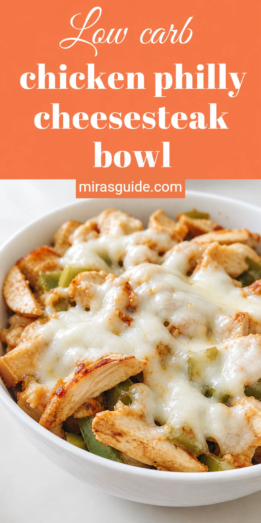 Low carb chicken Philly cheesesteak bowl with melted cheese