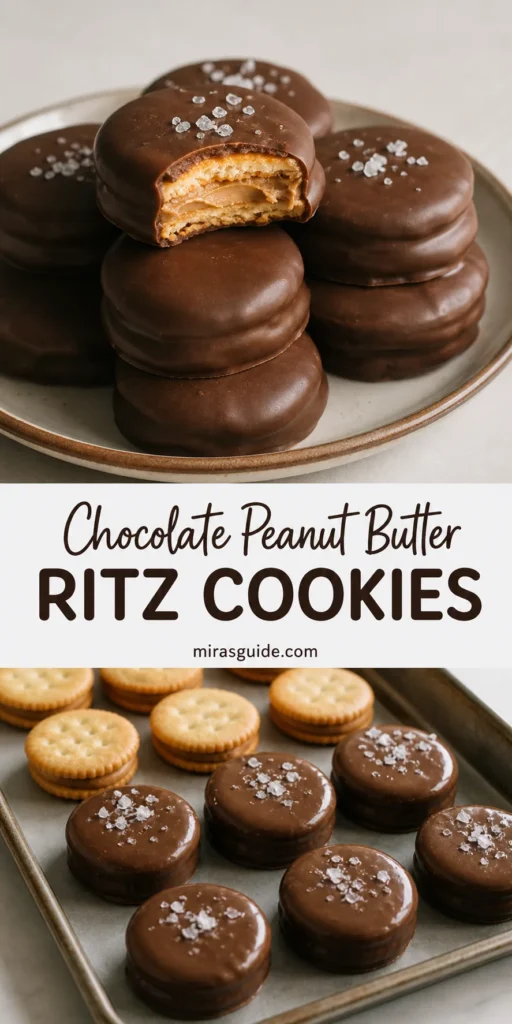Chocolate peanut butter Ritz cookies sandwiching creamy peanut butter filling