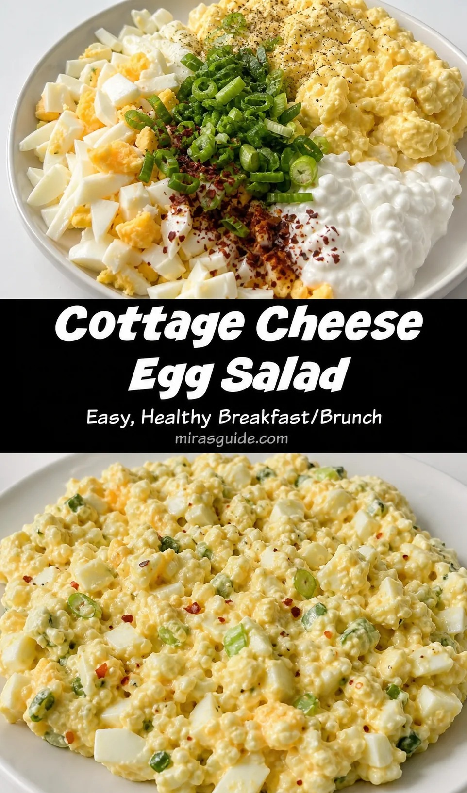 Cottage cheese egg salad mixed with chopped eggs, green onion, and paprika on a white plate