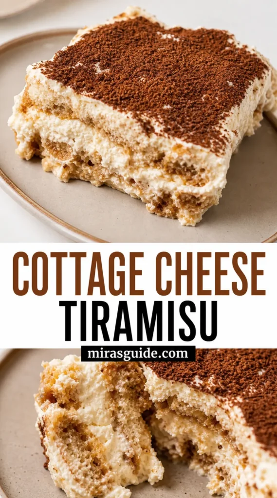Cottage cheese tiramisu slice dusted with cocoa
