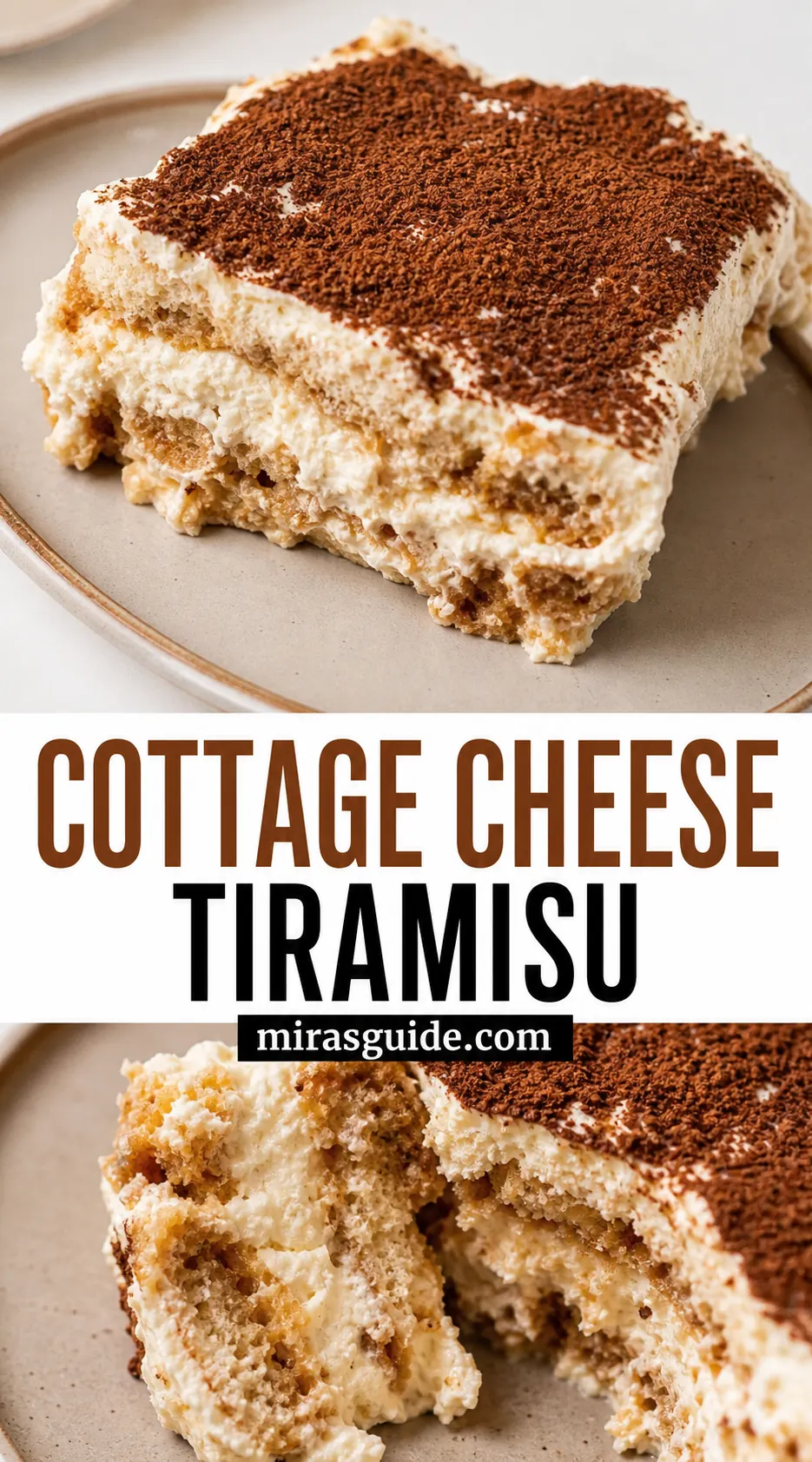 Cottage cheese tiramisu slice dusted with cocoa